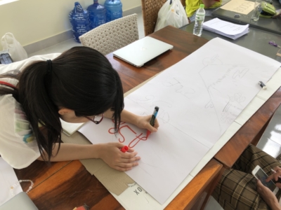 看板を制作している女性　白い看板に赤のサインペンで書き始めている