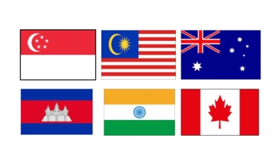 オーストラリア、シンガポール、マレーシア、カンボジア、インド、カナダの国旗