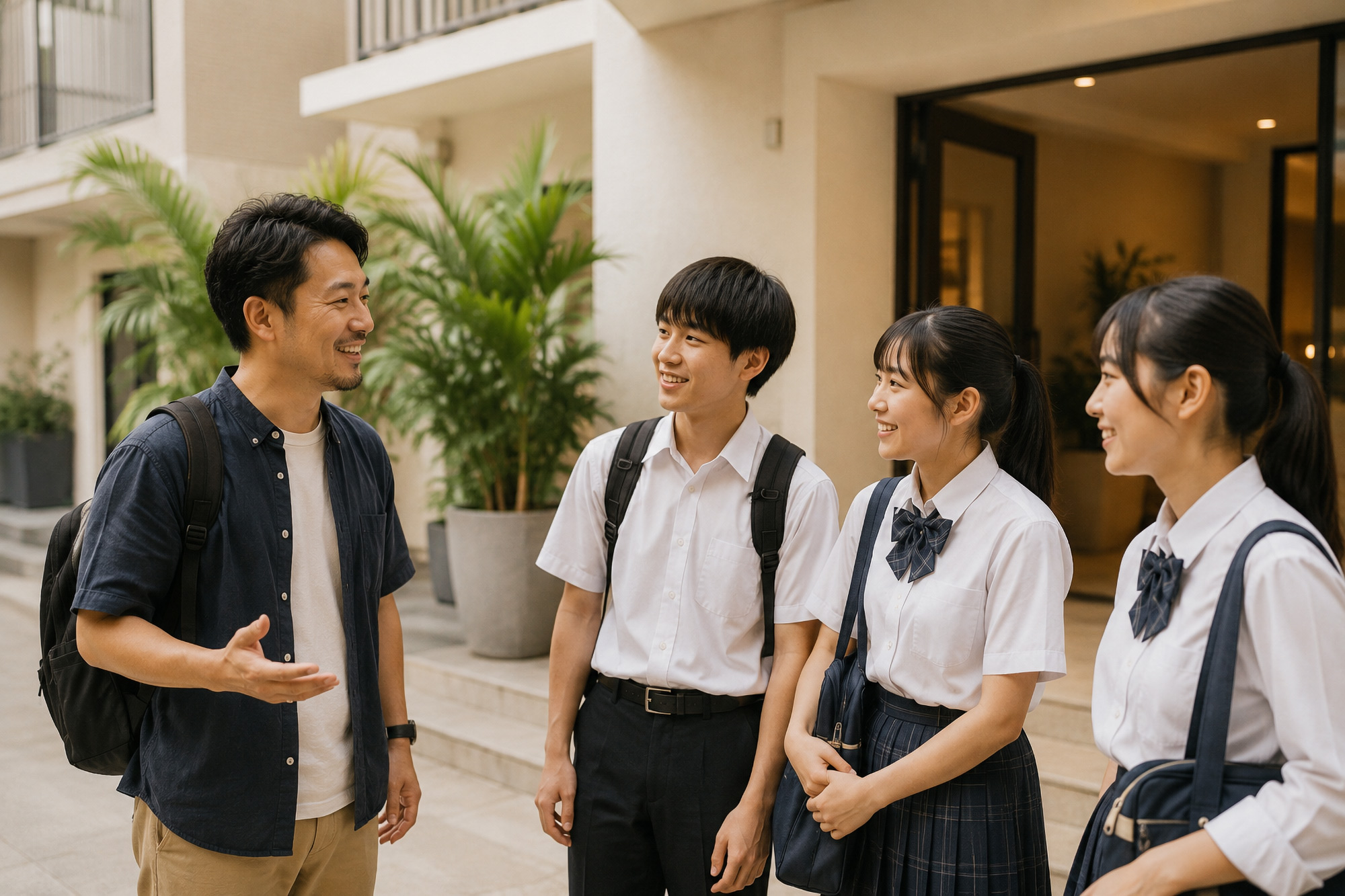 滞在先の入り口で、日本人スタッフと制服姿の高校生参加者が会話する様子