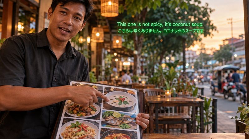 カンボジアの飲食店で、翻訳スマートグラスを初めて体験した